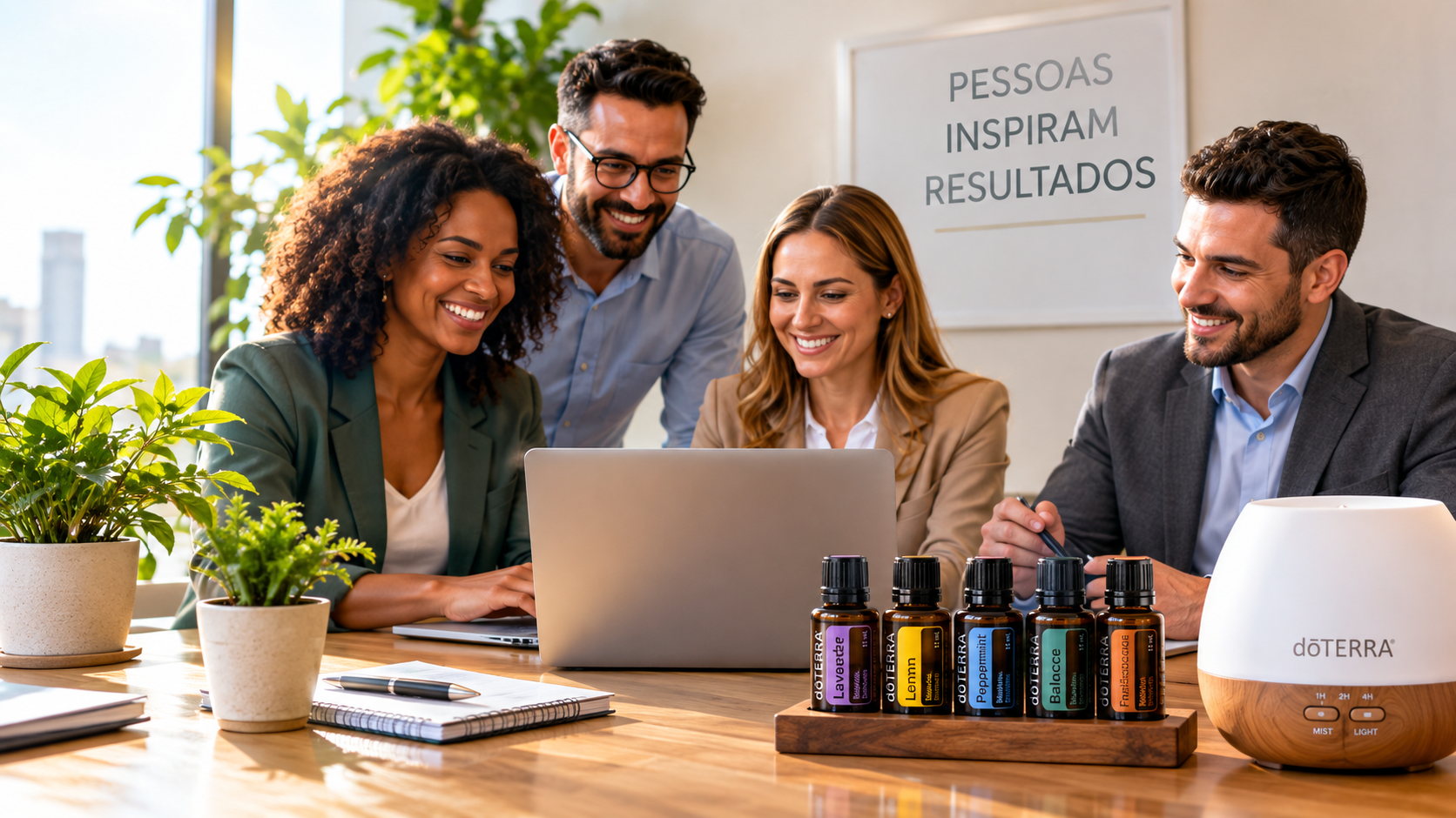 Equipe em ambiente corporativo com óleos essenciais e difusor